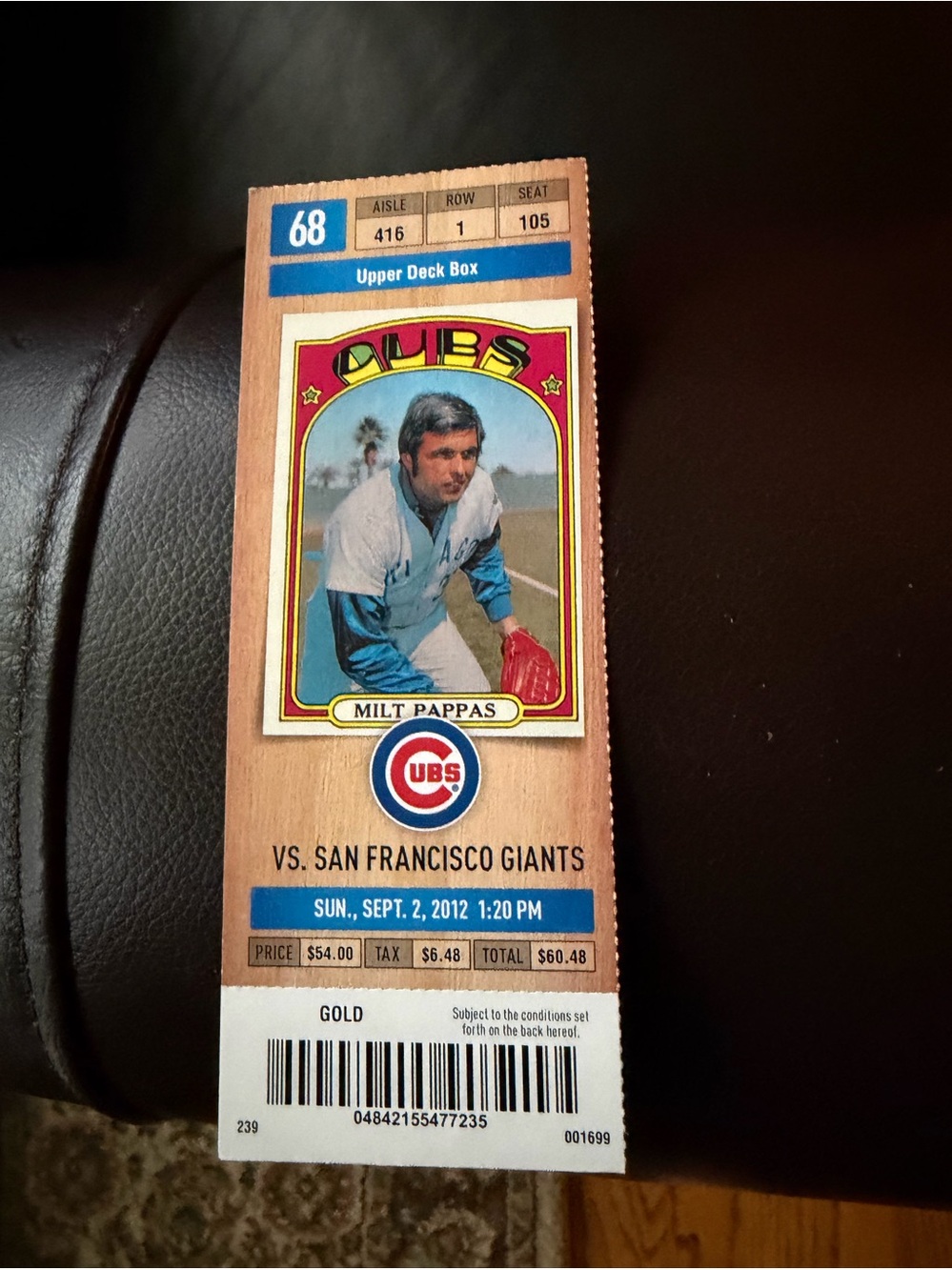 2012 Chicago Cubs unused ticket stub with Milt Pappas pictured.